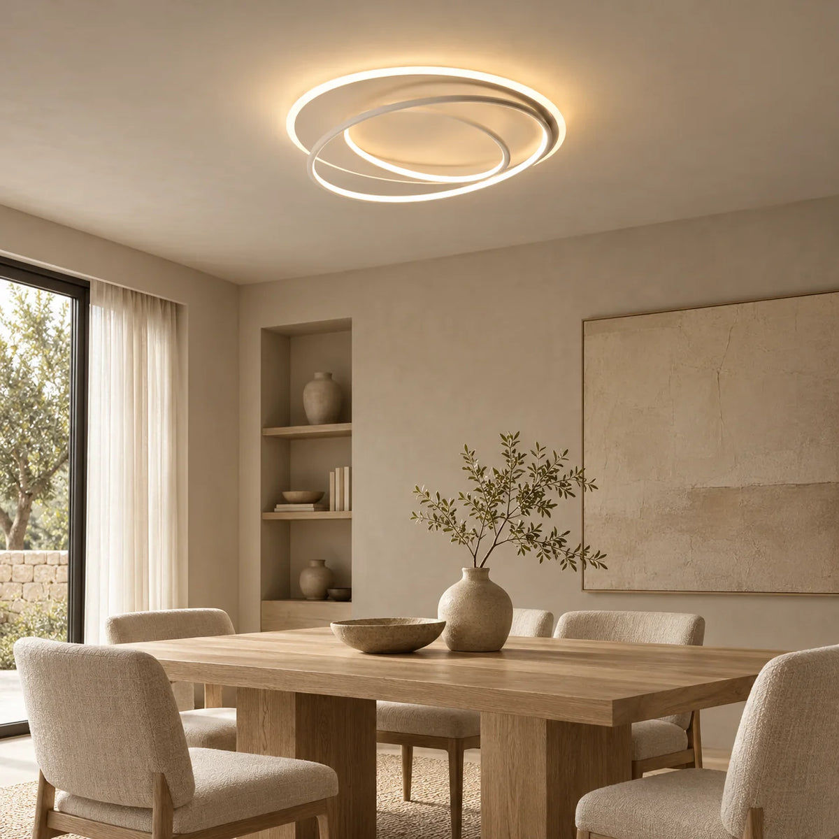 Plafonnier LED dans une salle à manger aux tons naturels